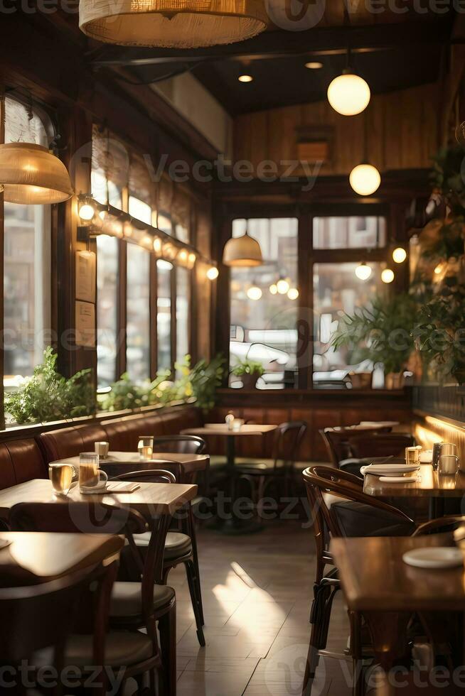 ai generiert gemütlich Restaurant Innere mit warm Beleuchtung, hölzern Möbel durch groß Fenster generativ durch ai foto