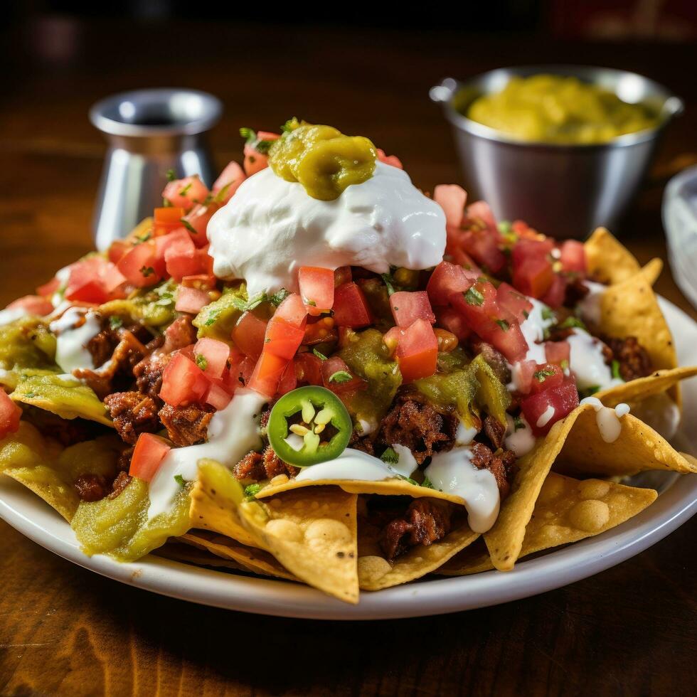 ai generiert ein lecker Bild von ein Haufen Teller von geladen Nachos foto