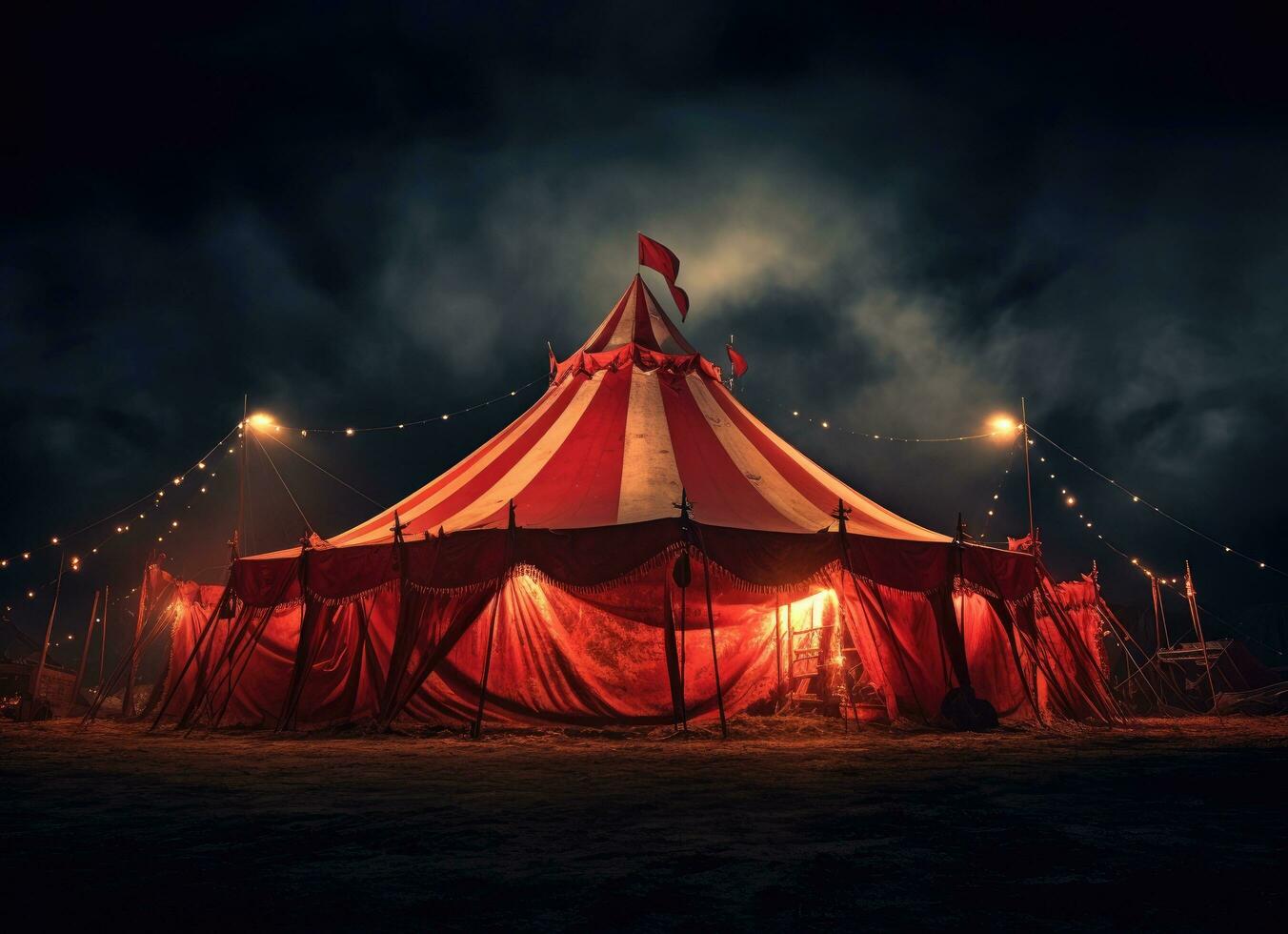 ai generiert ein Zirkus Zelt beim Nacht mit ein rot Zelt gegen Weiß Hintergrund foto