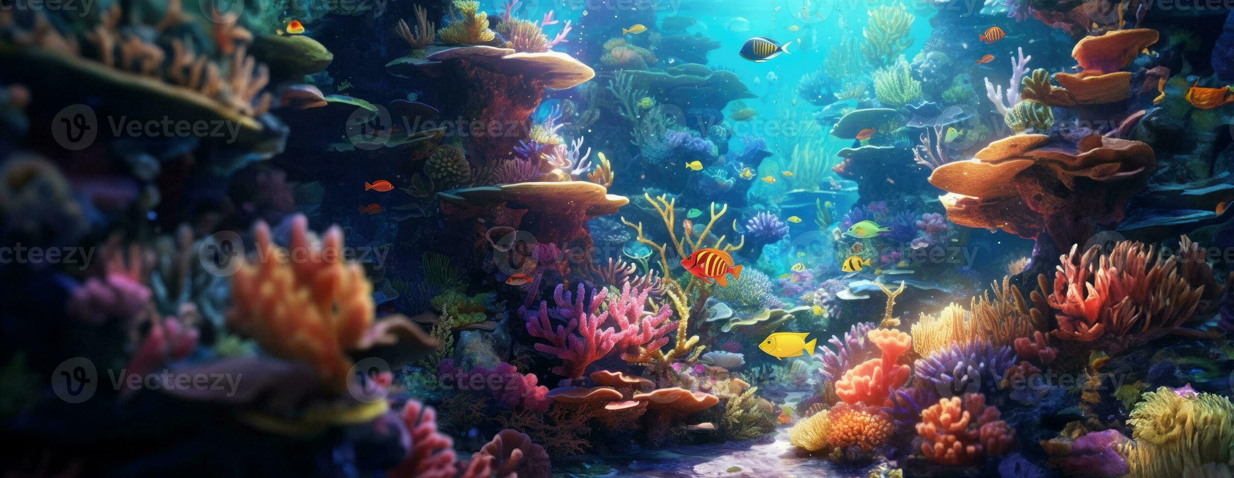 ai generiert tropisch Meer unter Wasser Fische auf Koralle Riff. Aquarium Ozeanarium Tierwelt bunt Marine Panorama Landschaft Natur Schnorchel Tauchen. ai generativ. foto