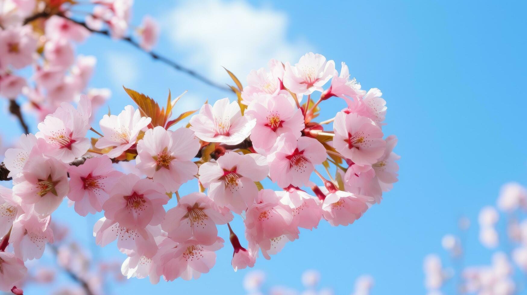 ai generiert ein Nahansicht von ein schön blühen Kirsche Baum, mit zart Rosa Blütenblätter gegen ein Blau Himmel foto