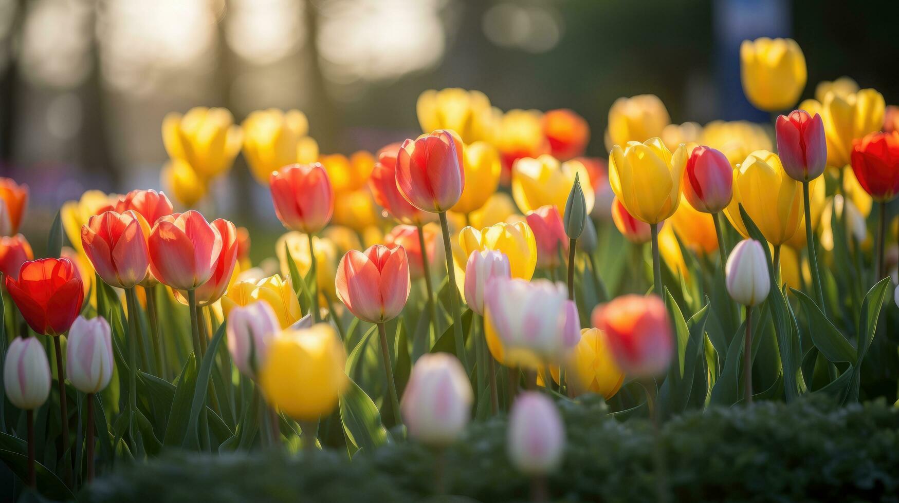 ai generiert ein atemberaubend Bild von ein Feld von hell farbig Tulpen foto