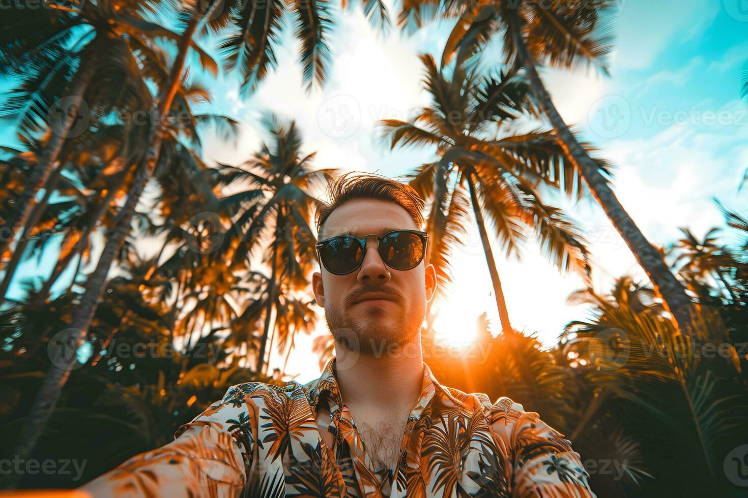 ai generiert Porträt von ein jung Mann im Sonnenbrille auf das Hintergrund von Palme Bäume foto