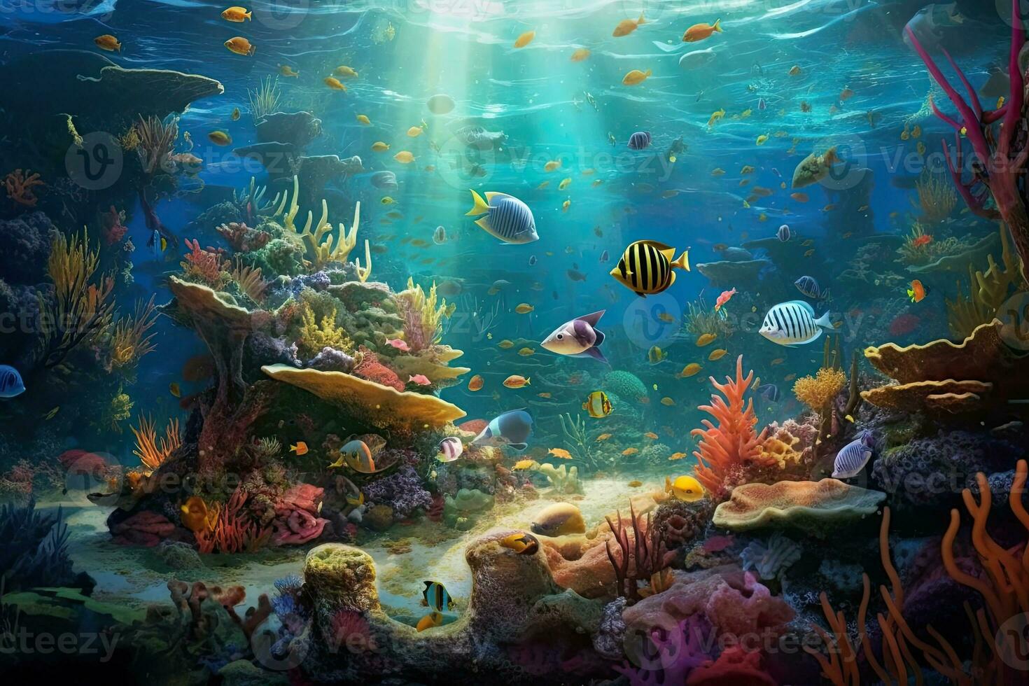 ai generiert tropisch Meer unter Wasser Fische auf Koralle Riff. Aquarium Ozeanarium Tierwelt bunt Marine Panorama Landschaft Natur Schnorchel Tauchen. ai generativ. foto