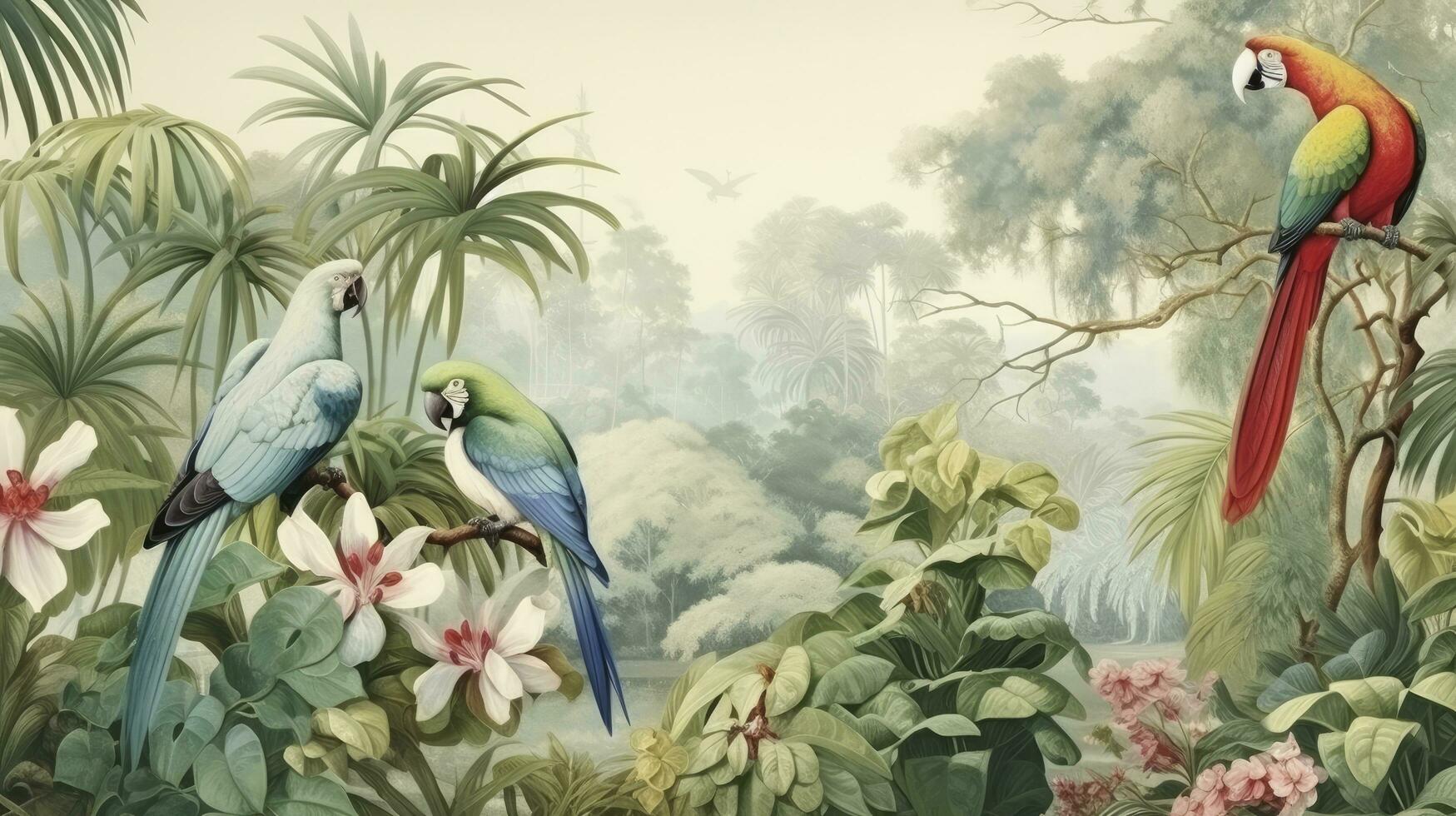 ai generiert Hintergrund Urwald und Blätter tropisch Wald Wandgemälde Papagei Vögel alt Zeichnung Jahrgang Hintergrund foto