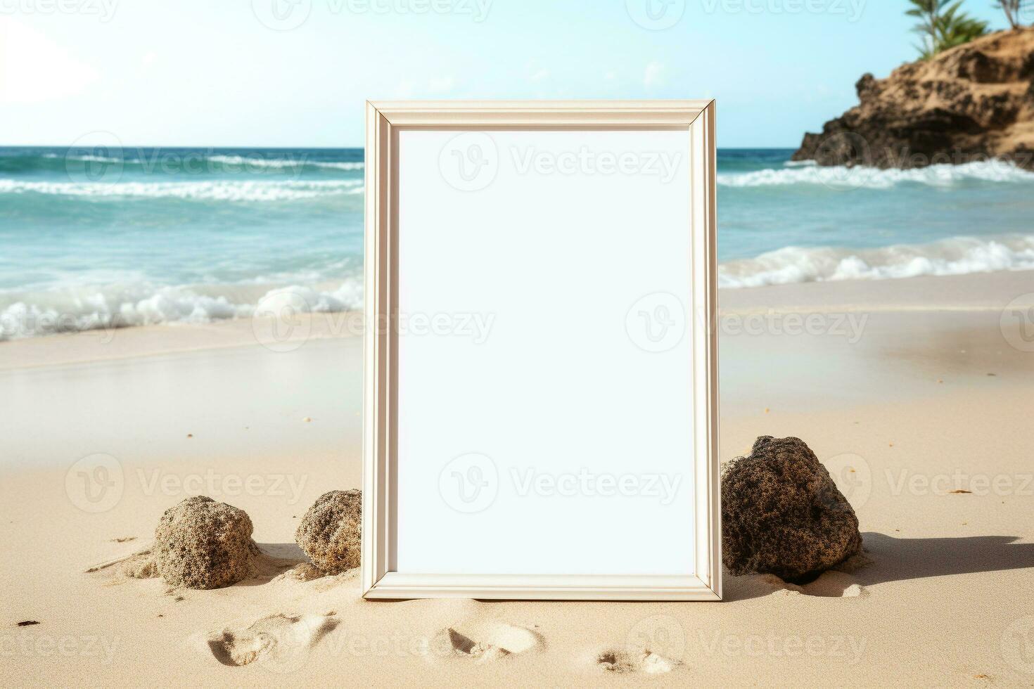 ai generiert leer Weiß Poster Rahmen auf das Strand generativ durch ai foto