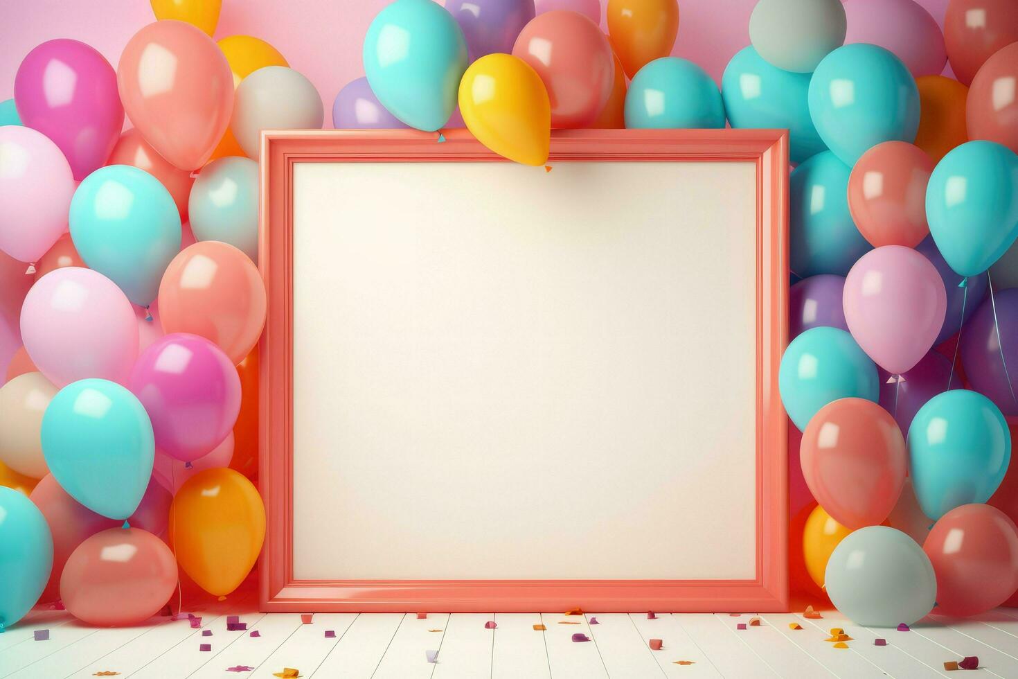 ai generiert Geburtstag Rahmen mit Farbe Luftballons und Konfetti, leer Rahmen auf Farbe Luftballons und Konfetti, ai generiert foto