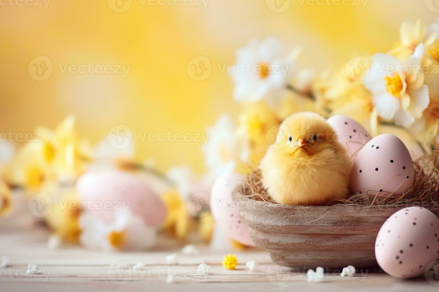 ai generiert Gelb Ostern Hintergrund mit Eier, Blumen, süß Hähnchen und Kopieren Raum zum Text. weich, Pastell- Farben. still und froh Szene. perfekt zum urlaubsthema Entwürfe, Gruß Karten. foto