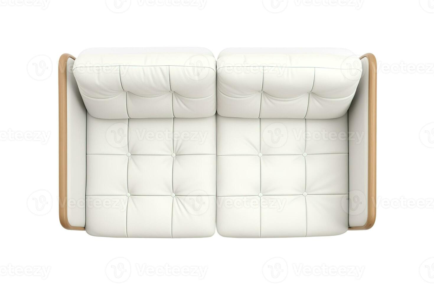 ai generiert oben Aussicht von elegant Weiß Leder Sofa mit ein zeitgenössisch Design und hölzern rahmen, Hinzufügen Raffinesse zu irgendein modern Leben Bereich, isoliert auf Weiß Hintergrund. Schnitt aus Möbel. foto