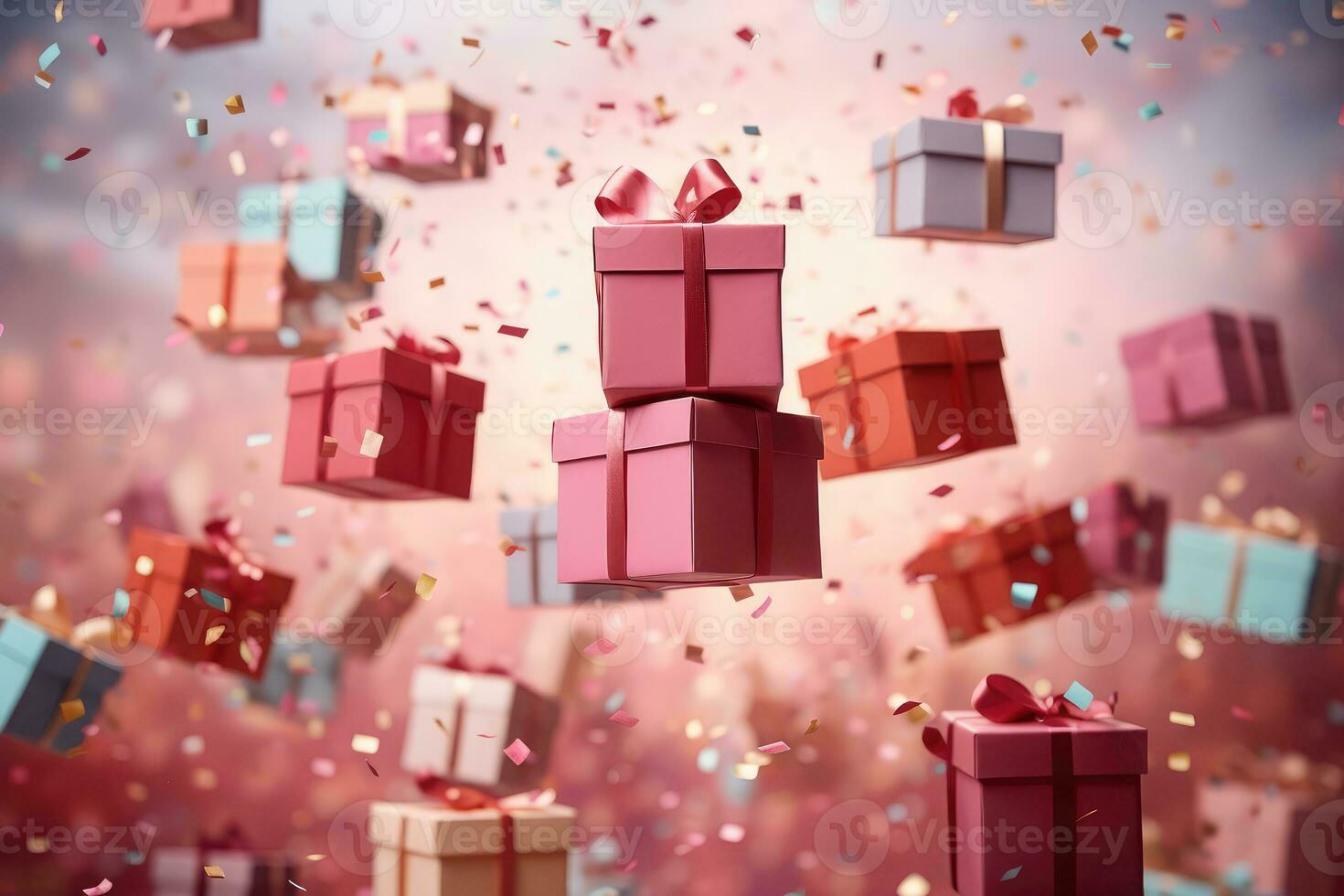 ai generiert viele Rosa Geschenk Kisten mit ein Bogen auf festlich glänzend Bokeh Hintergrund foto