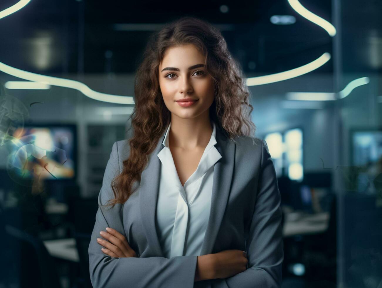 ai generiert glücklich Geschäftsfrau Stehen im Büro mit passen lächelnd Fachmann Exekutive Manager. ai generiert foto