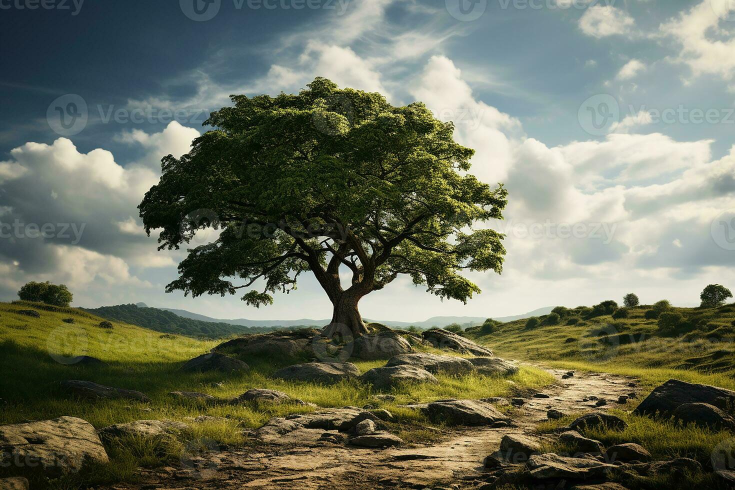 ai generiert Natur Landschaft mit üppig Baum im Grün Wiese foto