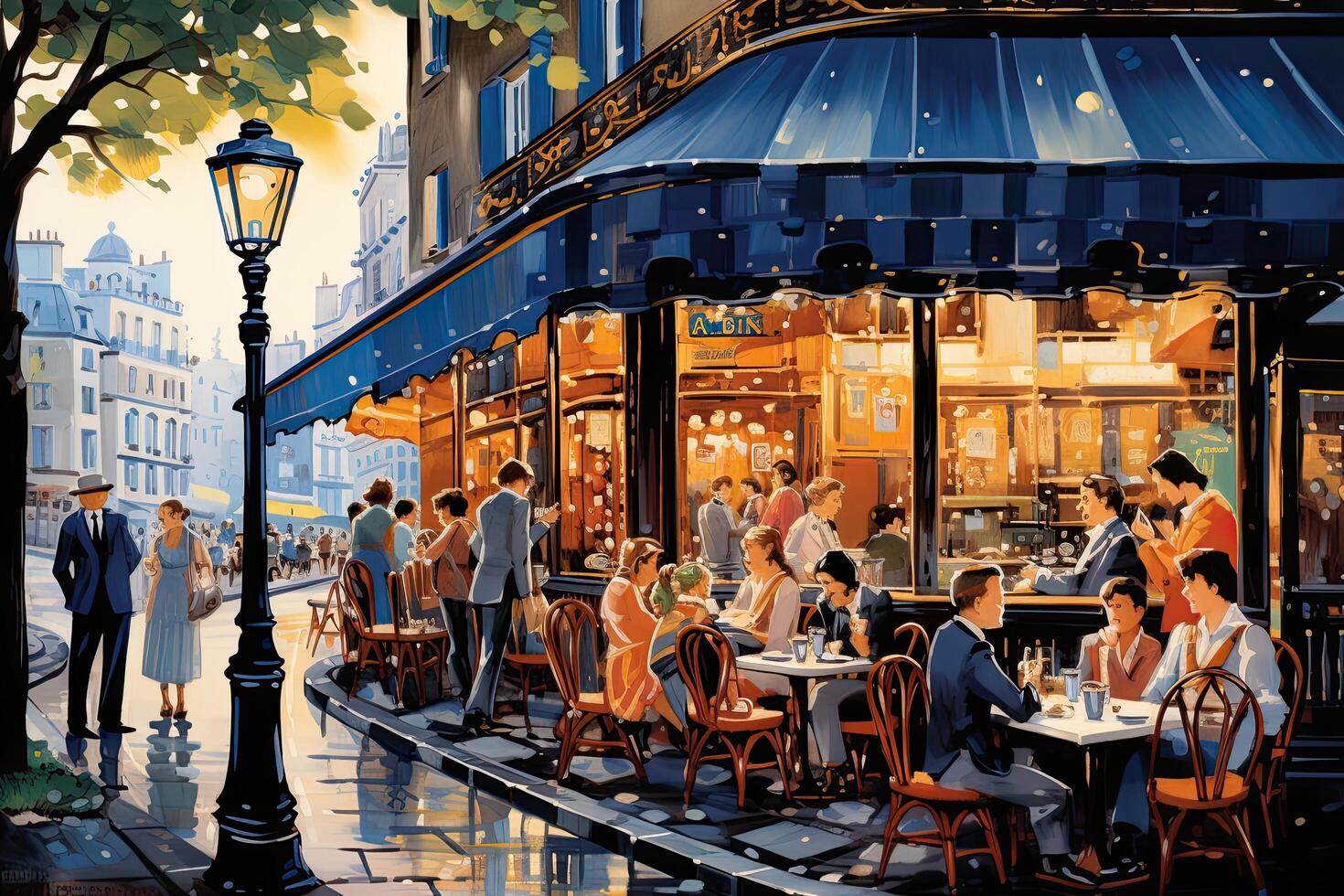 ai generiert Illustration von ein Straße Cafe mit Menschen im Paris, Frankreich, Restaurants im Paris, Frankreich, ai generiert foto