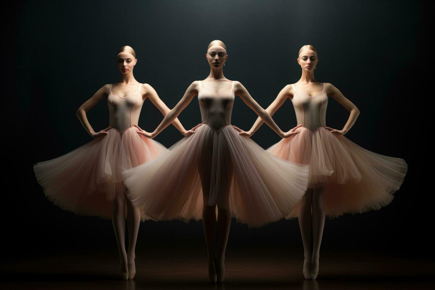 ai generiert 3d machen von drei schön weiblich Ballett Tänzer im Rosa Tutu, ein Trio von anmutig Ballett Tänzer im Mitte Pose, ai generiert foto