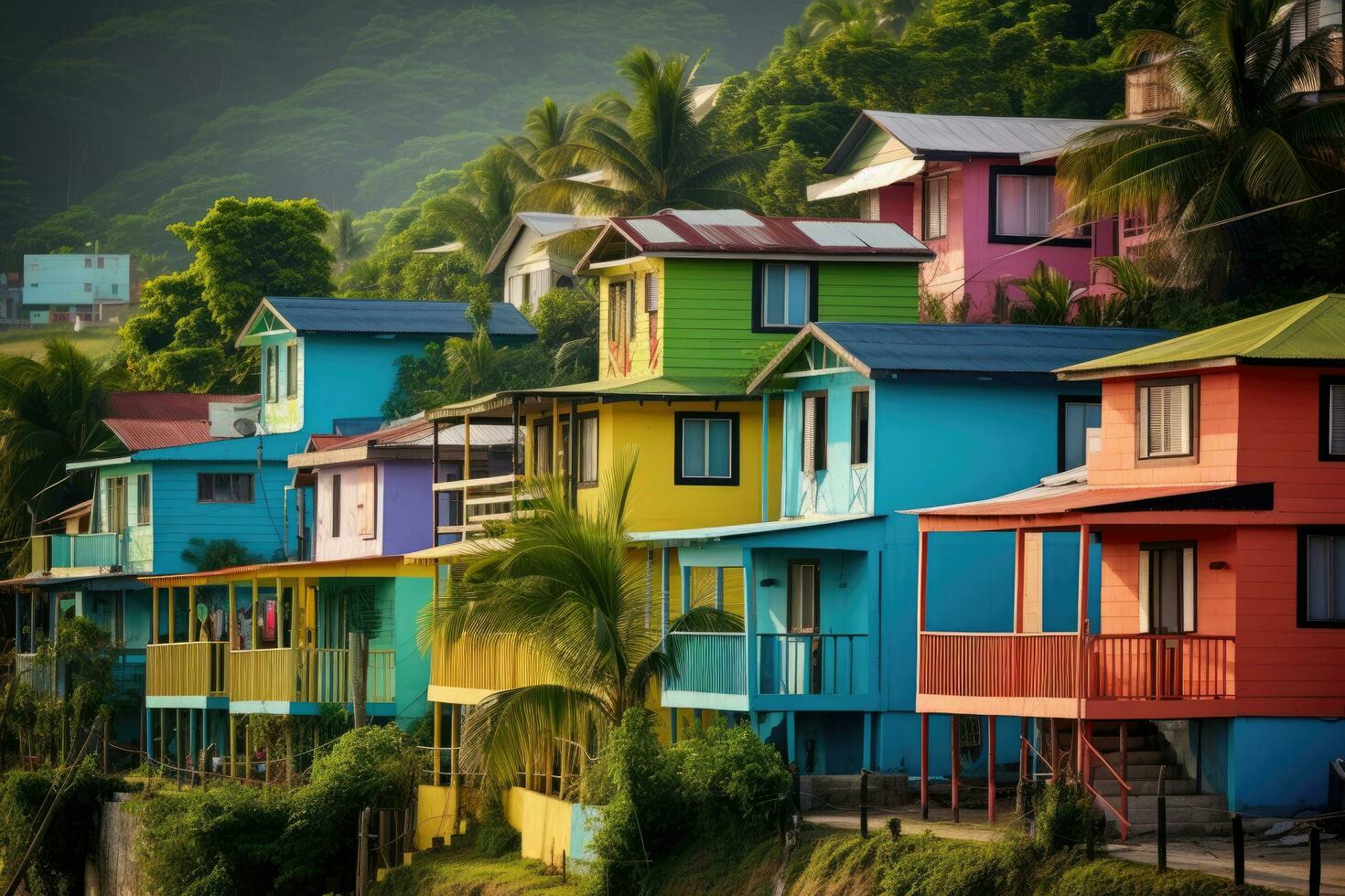 ai generiert bunt hölzern Häuser auf das Insel von sri lanka, Asien, bunt Häuser auf das tropisch Insel von Barbados, ai generiert foto