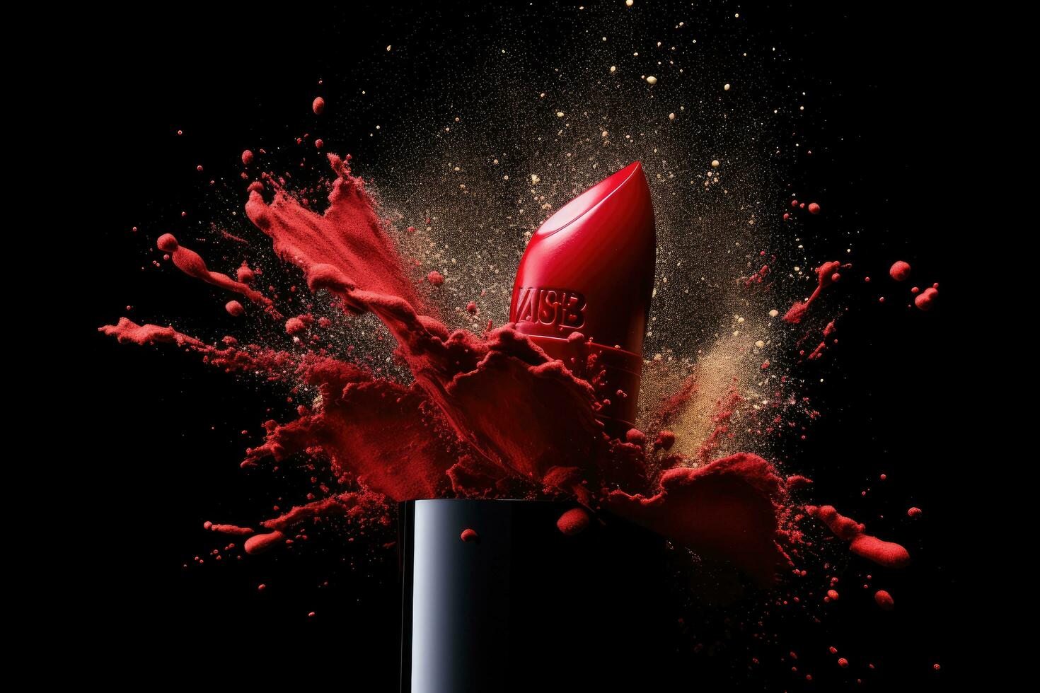 ai generiert rot Lippen mit spritzt von rot Farbe auf ein schwarz Hintergrund, kreativ kommerziell Foto von rot Lippenstift im ein Streuung von Pigment im Bewegung, isoliert auf ein schwarz Hintergrund, ai generiert