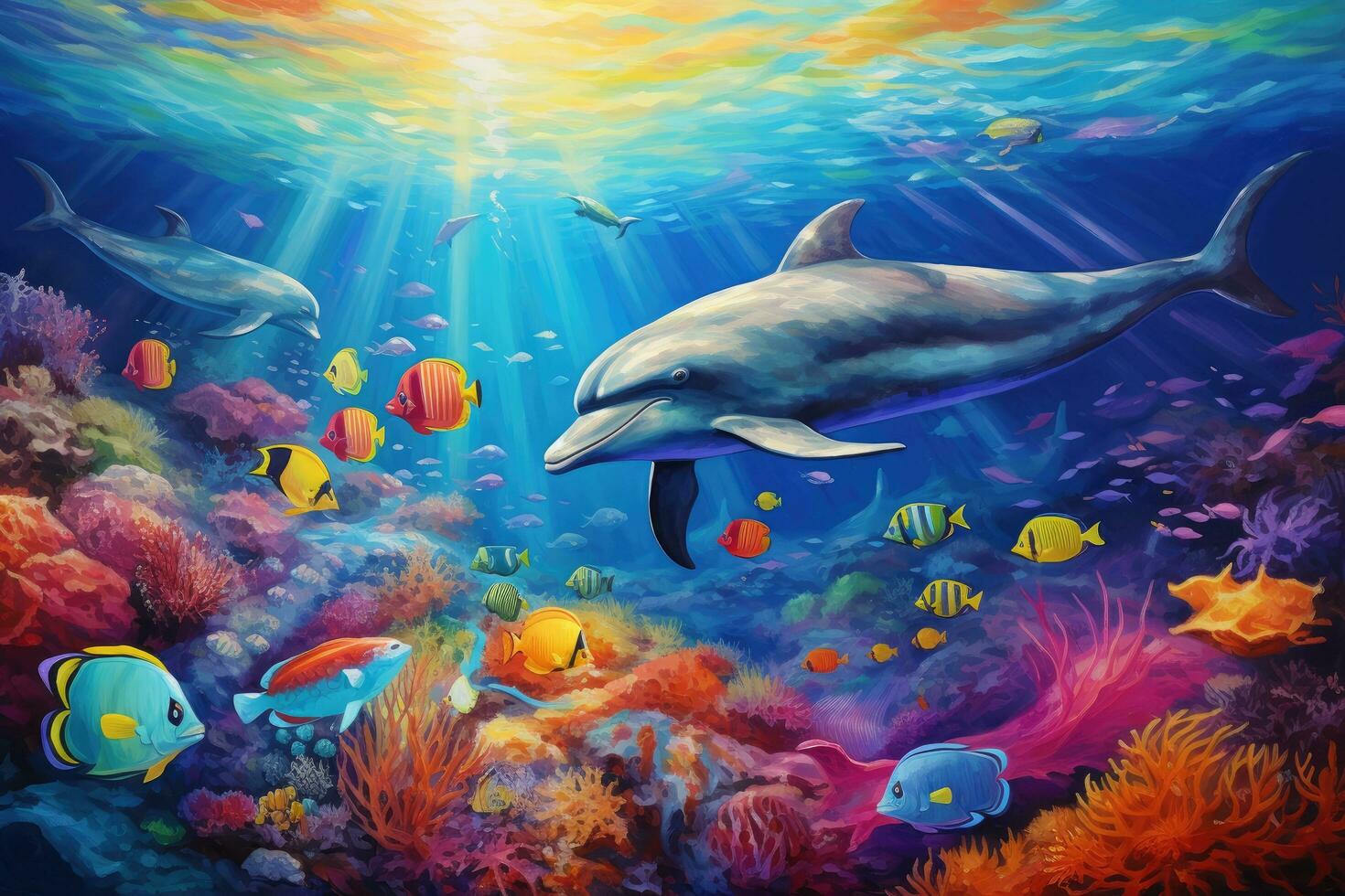 ai generiert Delfin Schwimmen im das Ozean. Illustration von das unter Wasser Welt, Delfin mit ein Gruppe von bunt Fisch und Meer Tiere mit beschwingt Koralle unter Wasser im das Ozean, ai generiert foto