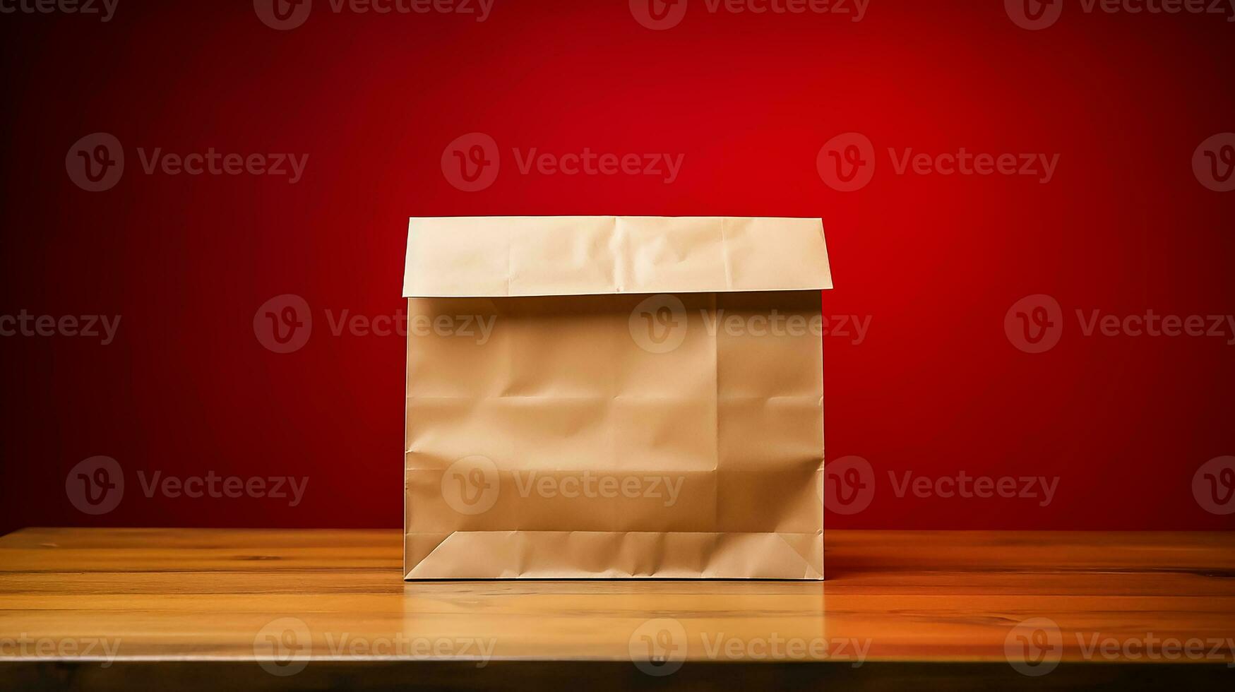 ai generiert Essen Lieferung Papier leeren Tasche auf das hölzern Tabelle mit rot Hintergrund foto