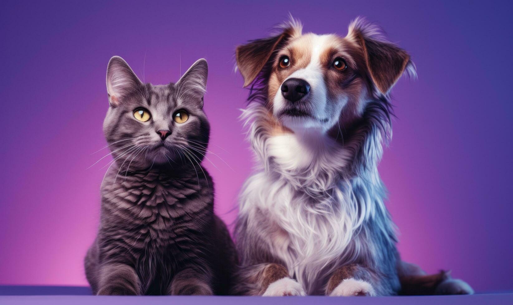 ai generiert ein Katze und Hund sind Sitzung im Vorderseite von ein lila Hintergrund, foto