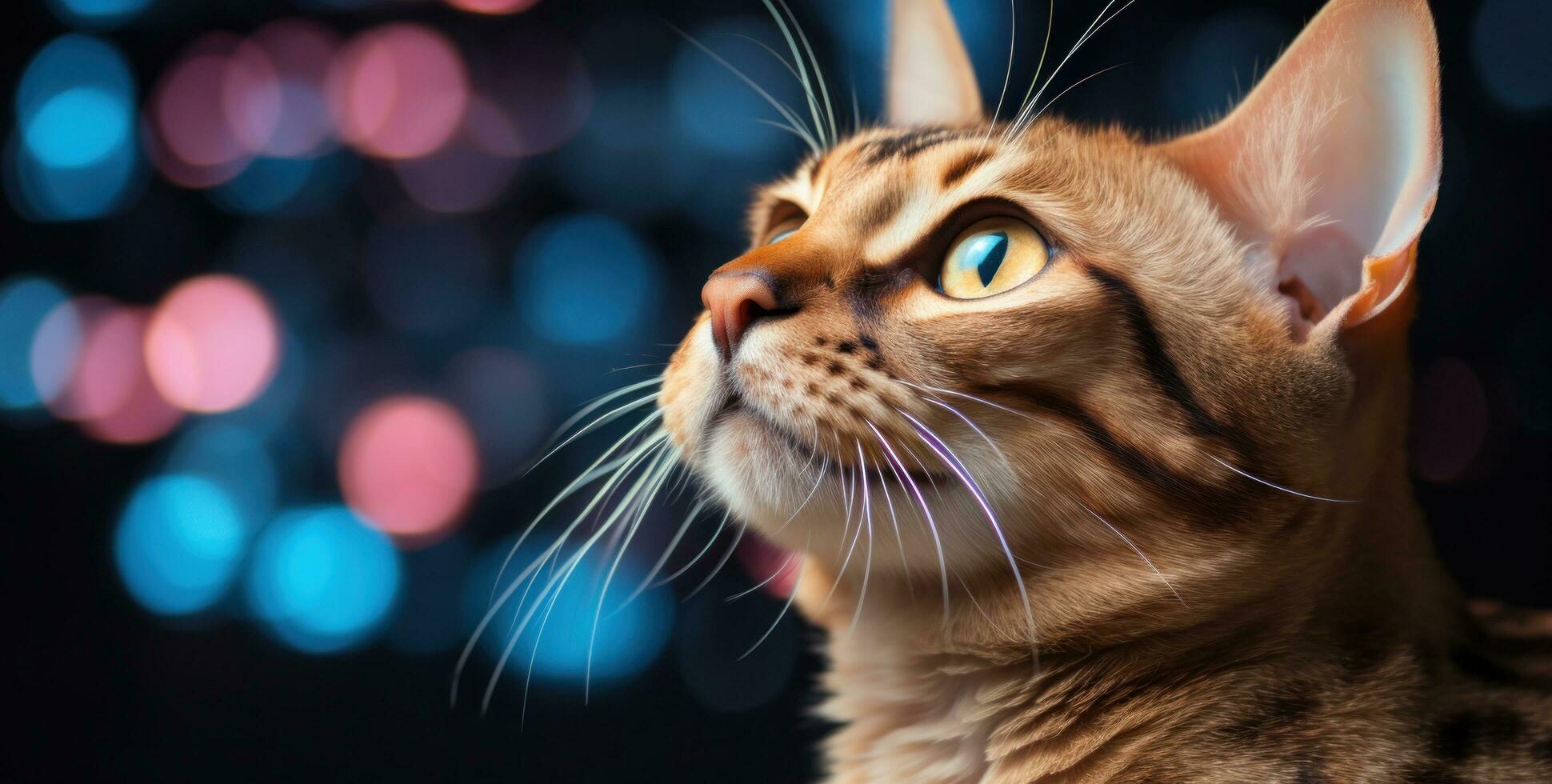 ai generiert Bengalen Tabby Katze mit Blau Augen suchen hoch, foto