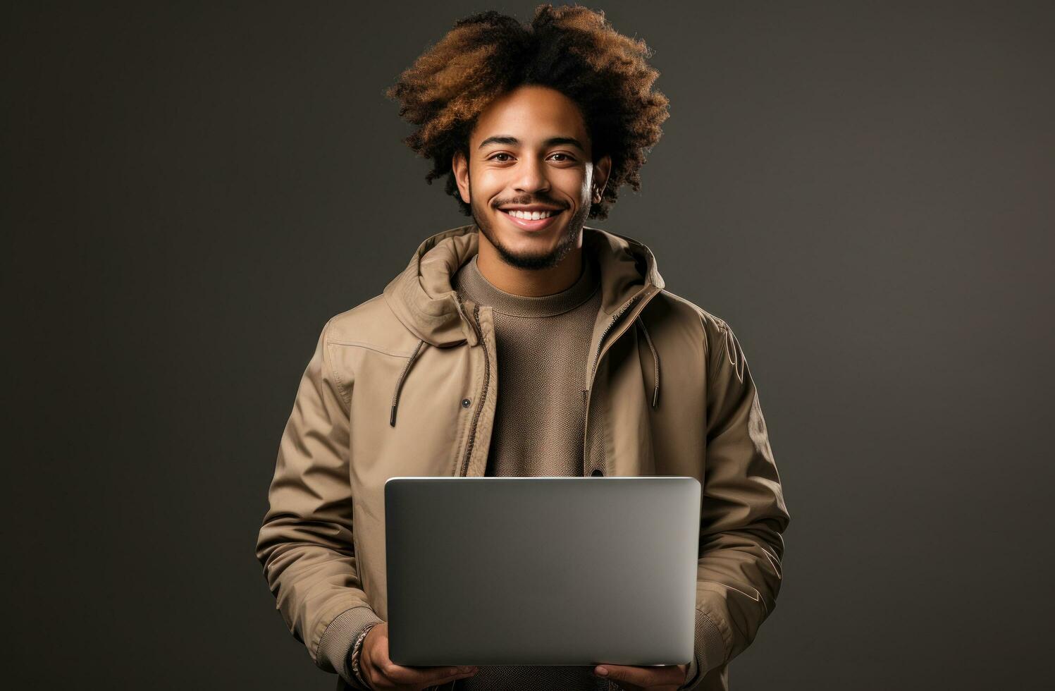 ai generiert jung Mann halten ein Laptop und lächelnd, foto