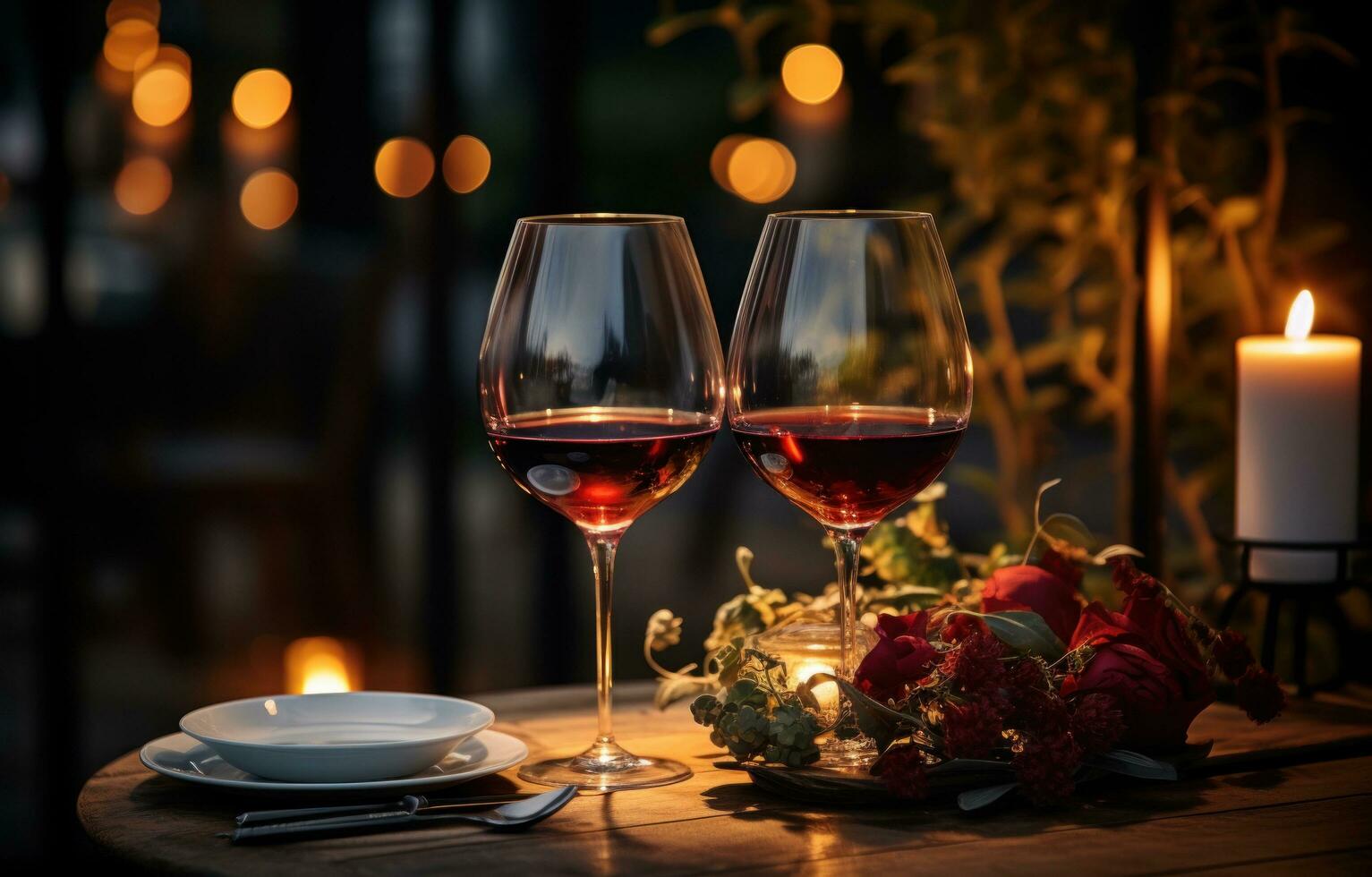 ai generiert zwei Menschen sind Toasten mit Brille und Essen während halten Flasche von Wein foto