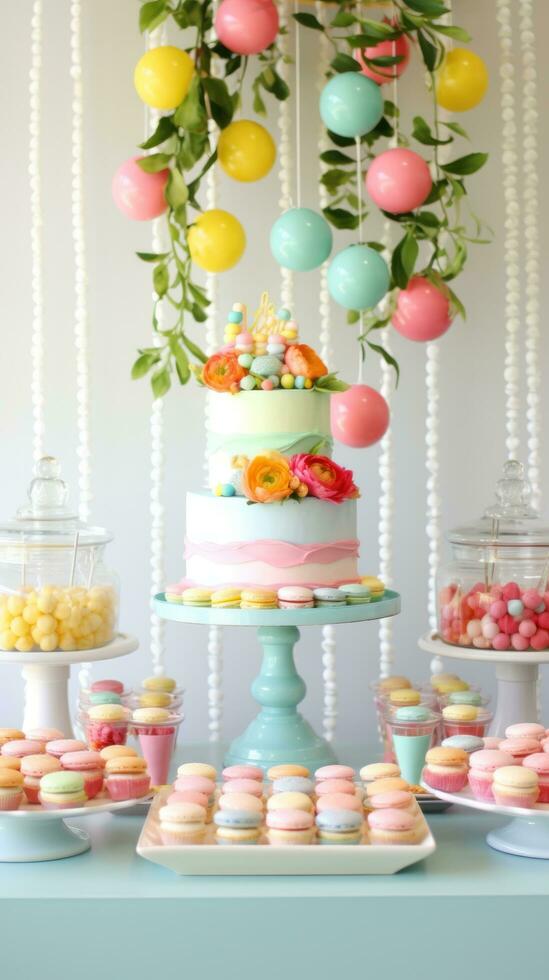 ai generiert ein hell und heiter Frühlingsthema Dessert Tabelle gefüllt mit Cupcakes, Makronen, foto