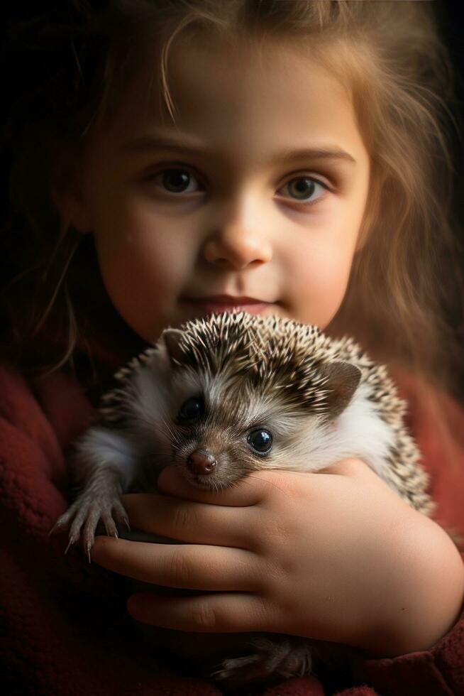 ai generiert ein neugierig wenig Mädchen Gleichaltrigen im Wunder beim ein winzig und verschwommen Baby Igel ruhen im ihr Hände. foto