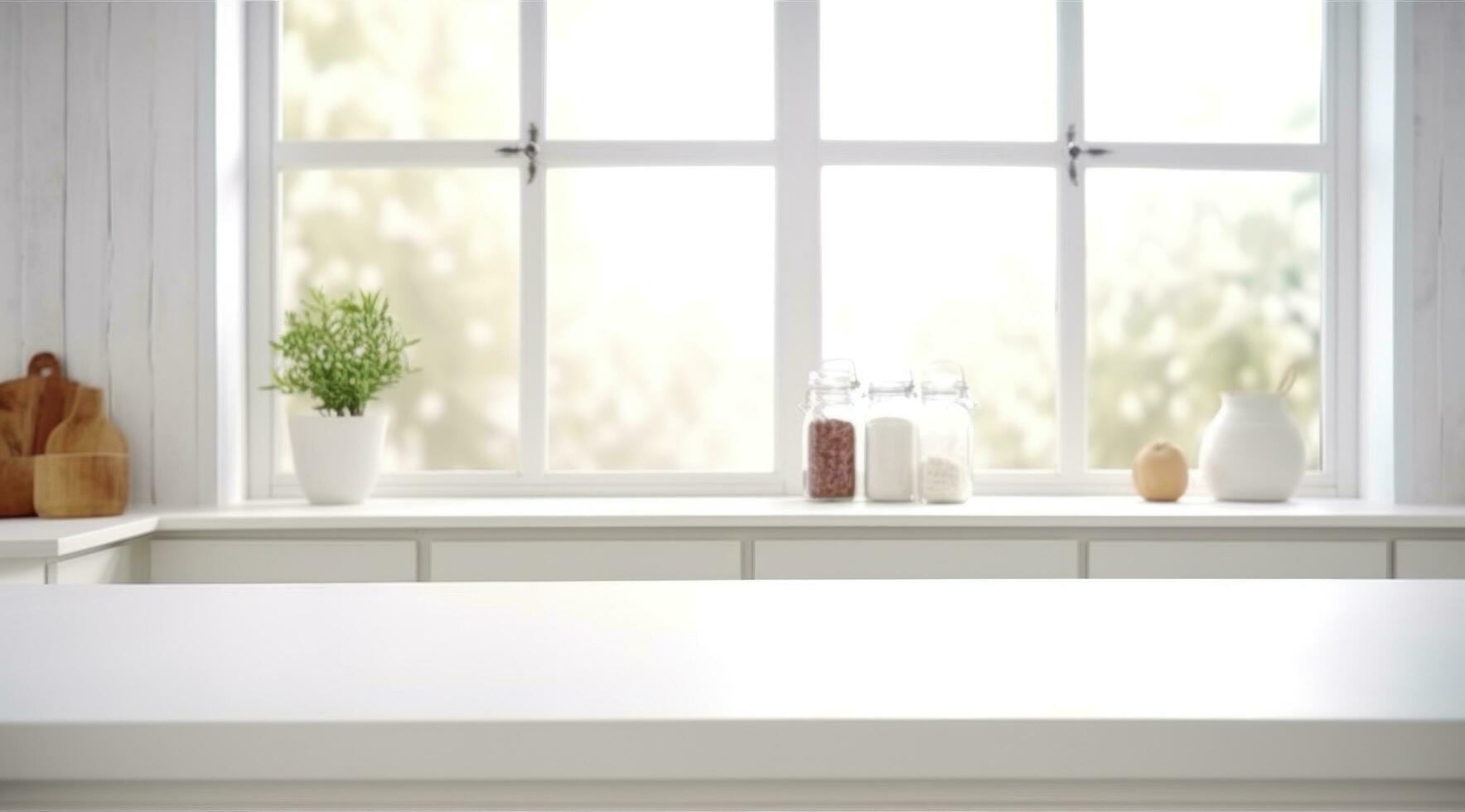 ai generiert voll Aussicht von Weiß Küche Tabelle und Fenster Weiß Küche foto