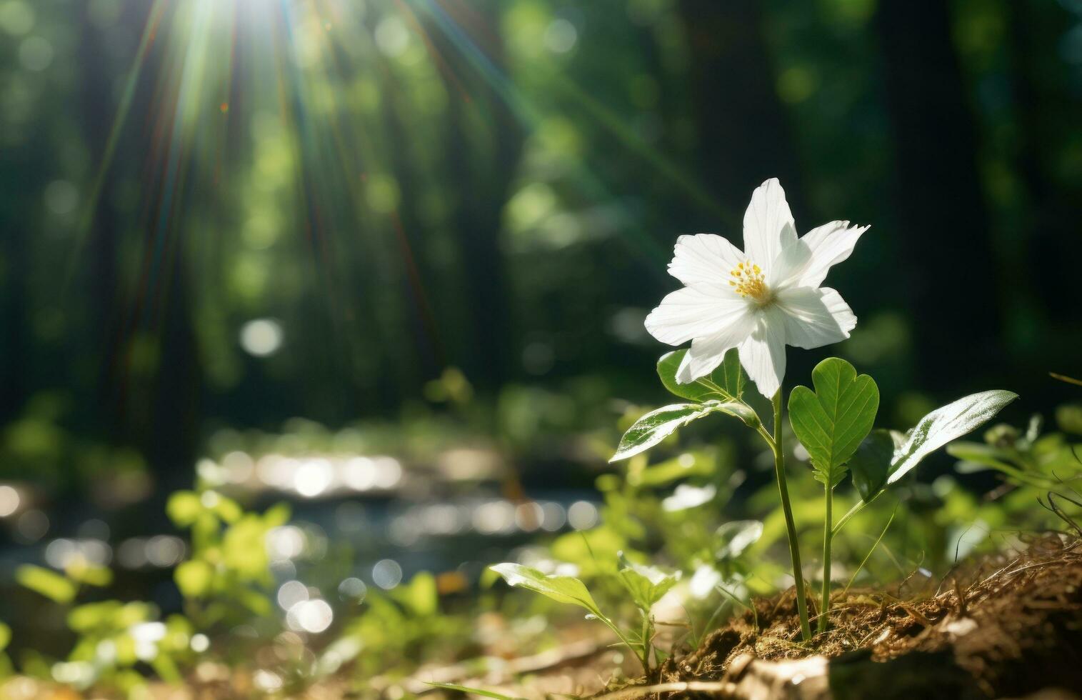 ai generiert ein Weiß Blume auf ein Grün Wald Boden, foto