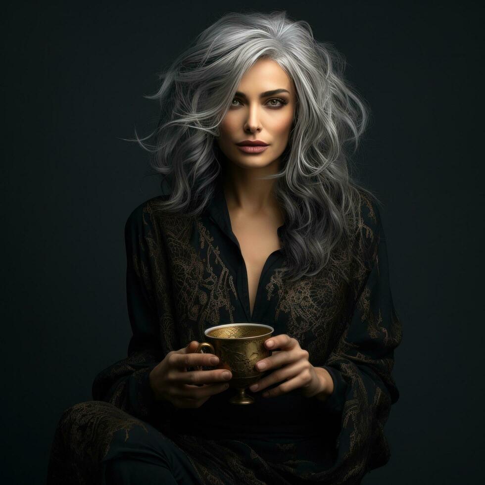 ai generiert ein 40 Jahr alt Frau mit grau Haar halten ein Tasse und Kaffee, foto