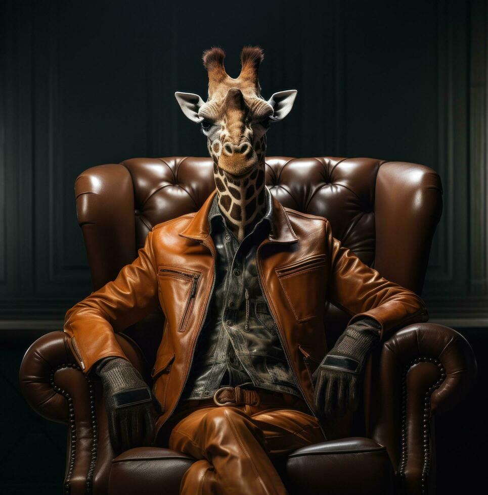 ai generiert ein Giraffe tragen ein Outfit ist Sitzung im ein Leder Stuhl, foto