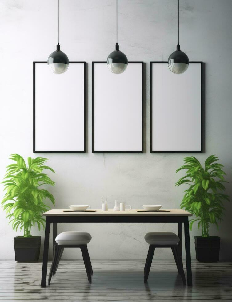 ai generiert Weiß hölzern Essen Tabelle mit zwei Bild Frames und eingetopft Pflanzen, foto