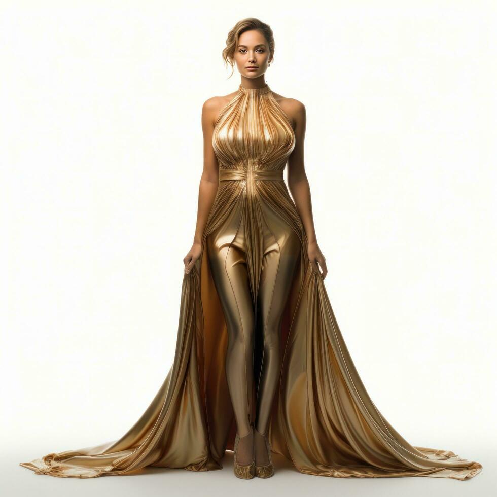 ai generiert Mädchen im ein schön golden lange Abend Kleid isoliert foto