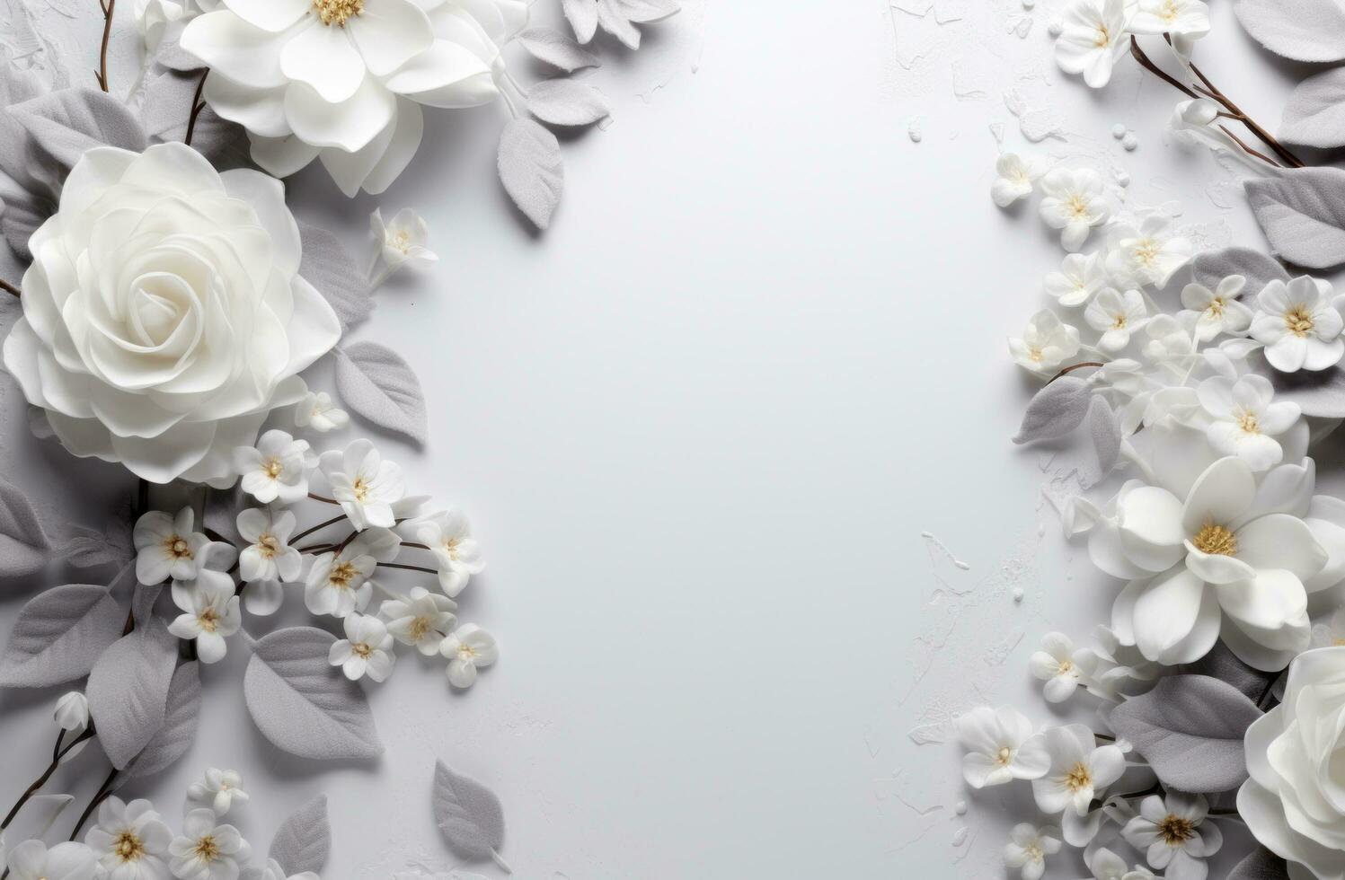ai generiert Weiß Rahmen von Blumen mit Blumen auf ein grau Hintergrund foto