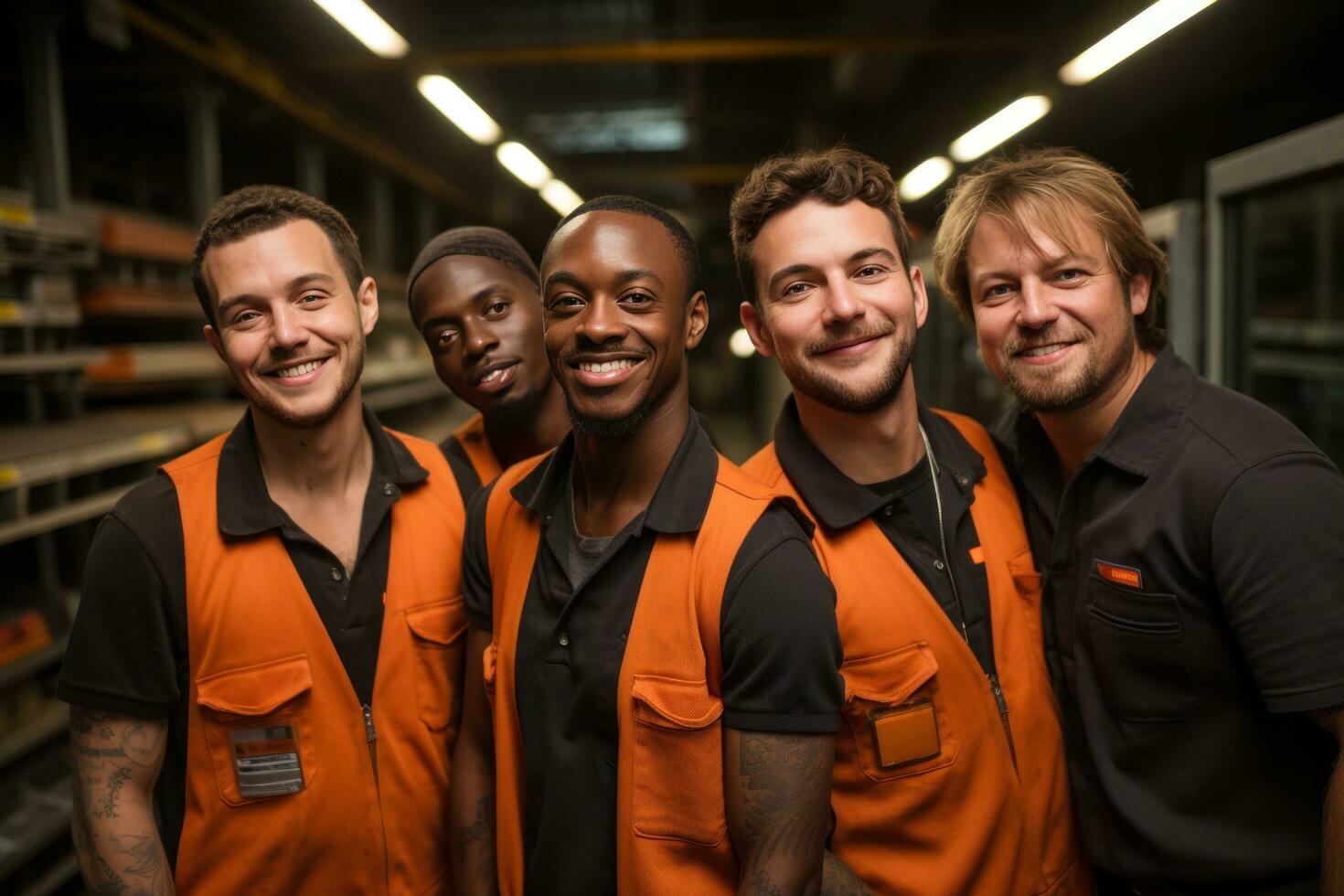 ai generiert ein Gruppe von Warenhaus Arbeitskräfte sind Lachen foto