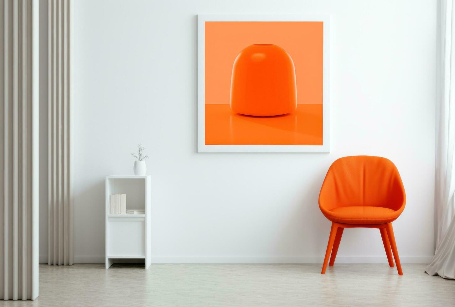 ai generiert ein Orange Stuhl und hölzern Tabelle Nächster zu ein leer Segeltuch foto