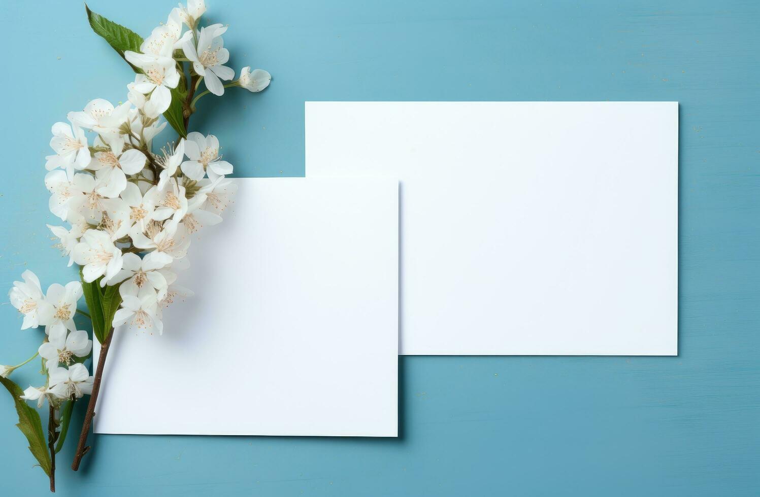 ai generiert zwei Weiß leer Hochzeit Karten auf ein Blau Hintergrund foto