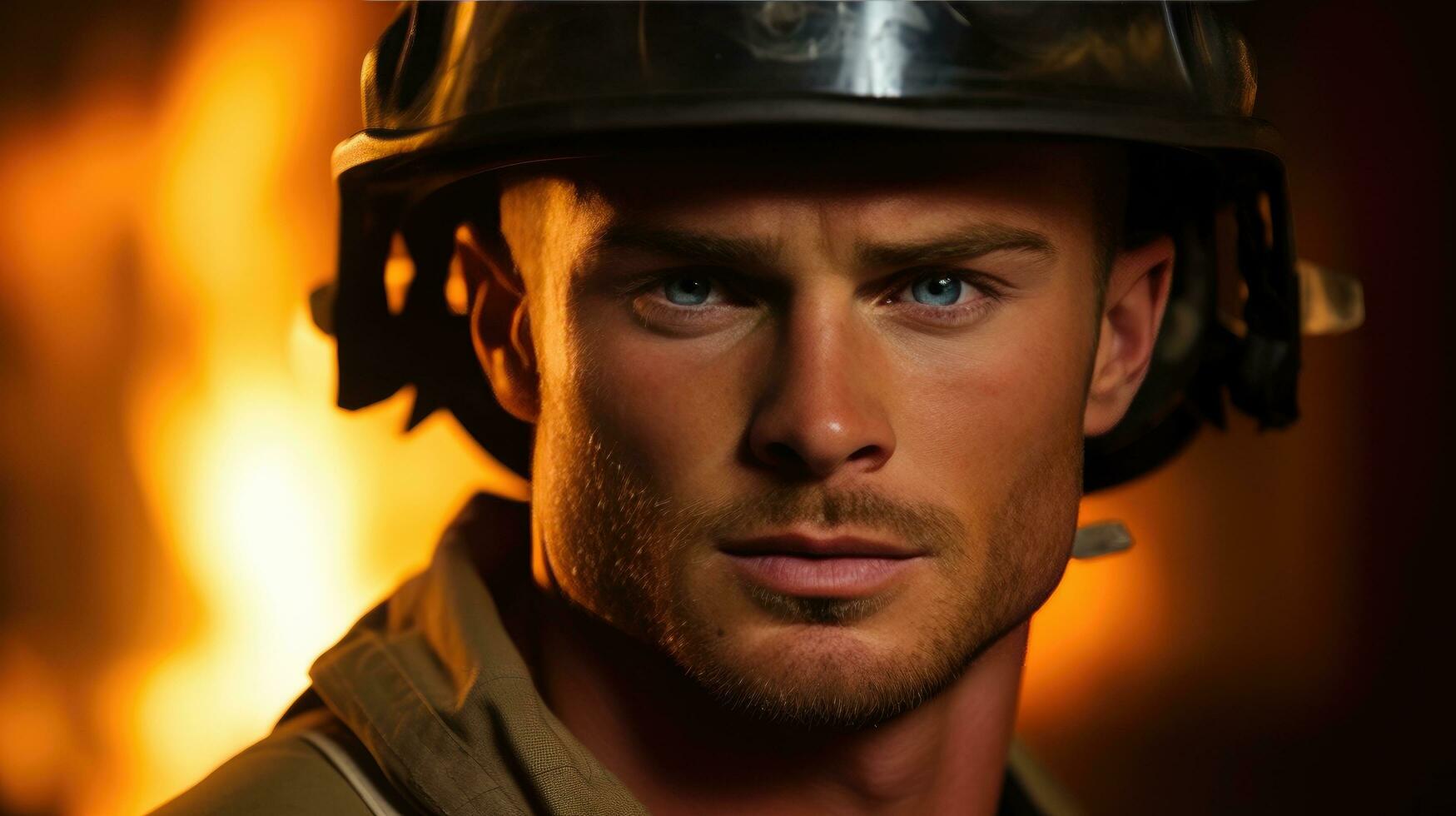 ai generiert gut aussehend Feuerwehrmann, seine Piercing Blau Augen und gemeißelt Kieferpartie hervorgehoben foto
