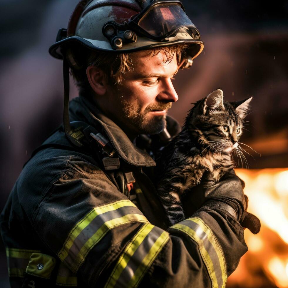 ai generiert ein auffällig Bild von ein Feuerwehrmann retten ein erschrocken Kätzchen von ein Verbrennung Gebäude foto