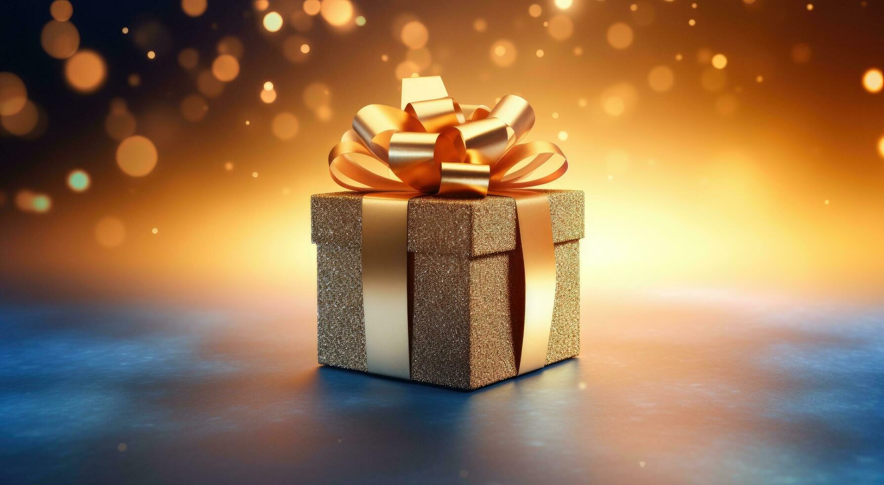 ai generiert ein klein Gold Geschenk Box Sitzung auf ein golden Hintergrund foto