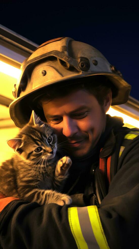 ai generiert ein auffällig Bild von ein Feuerwehrmann retten ein erschrocken Kätzchen von ein Verbrennung Gebäude foto