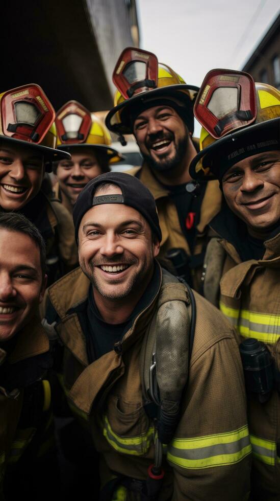 ai generiert ein Gruppe von Feuerwehrleute nehmen ein brechen von ihr Aufgaben foto