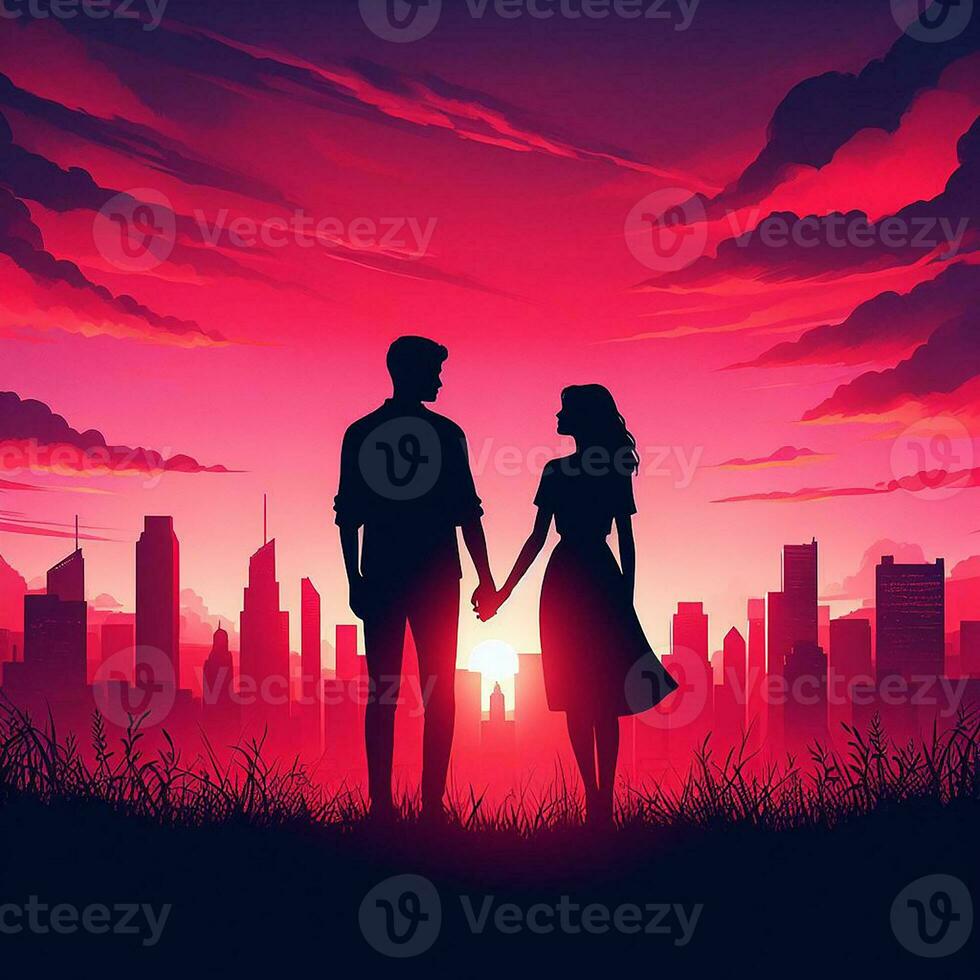 ai generiert silhouettiert Liebe Paar gegen das Stadt Sonnenuntergang foto