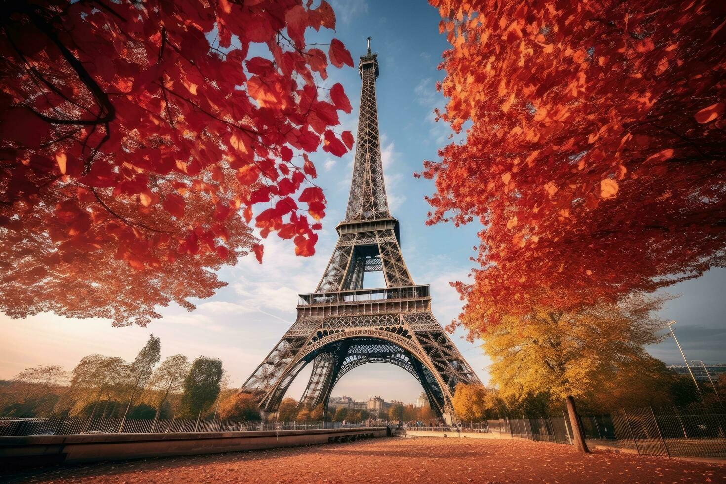 ai generiert Eiffel Turm im Paris, Frankreich. schön Aussicht von das Eiffel Turm im Herbst, Eiffel Turm mit Herbst Blätter im Paris, Frankreich, ai generiert foto