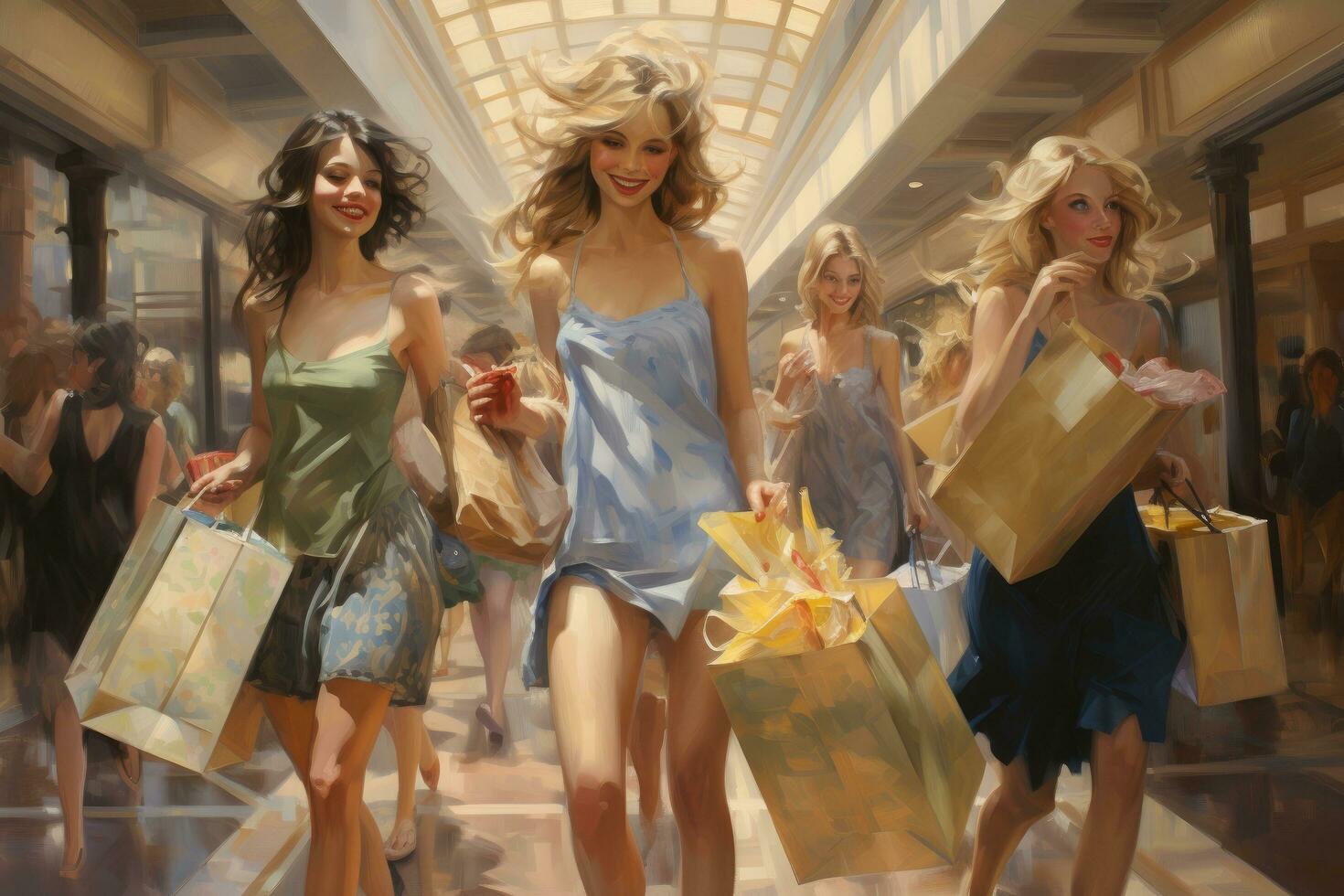 ai generiert Einkaufen im das Einkaufszentrum, schön Frauen mit Einkaufen Taschen im das Einkaufen Center, Mädchen auf ein Einkaufen Spree, ai generiert foto
