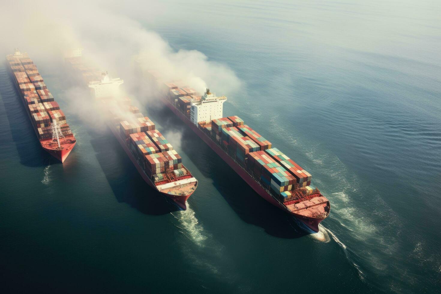 ai generiert Container Ladung Fracht Schiff mit Arbeiten Kran Brücke zum logistisch importieren Export Hintergrund, vier Container Schiffe Segeln über das Ozean im diese Antenne Foto, ai generiert foto