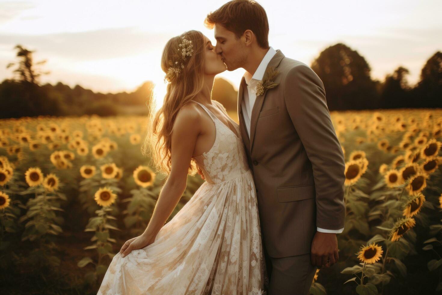ai generiert schön Braut und Bräutigam im ein Feld von Sonnenblumen, ein Boho Hochzeit im ein Sonnenblume Feld, ai generiert foto