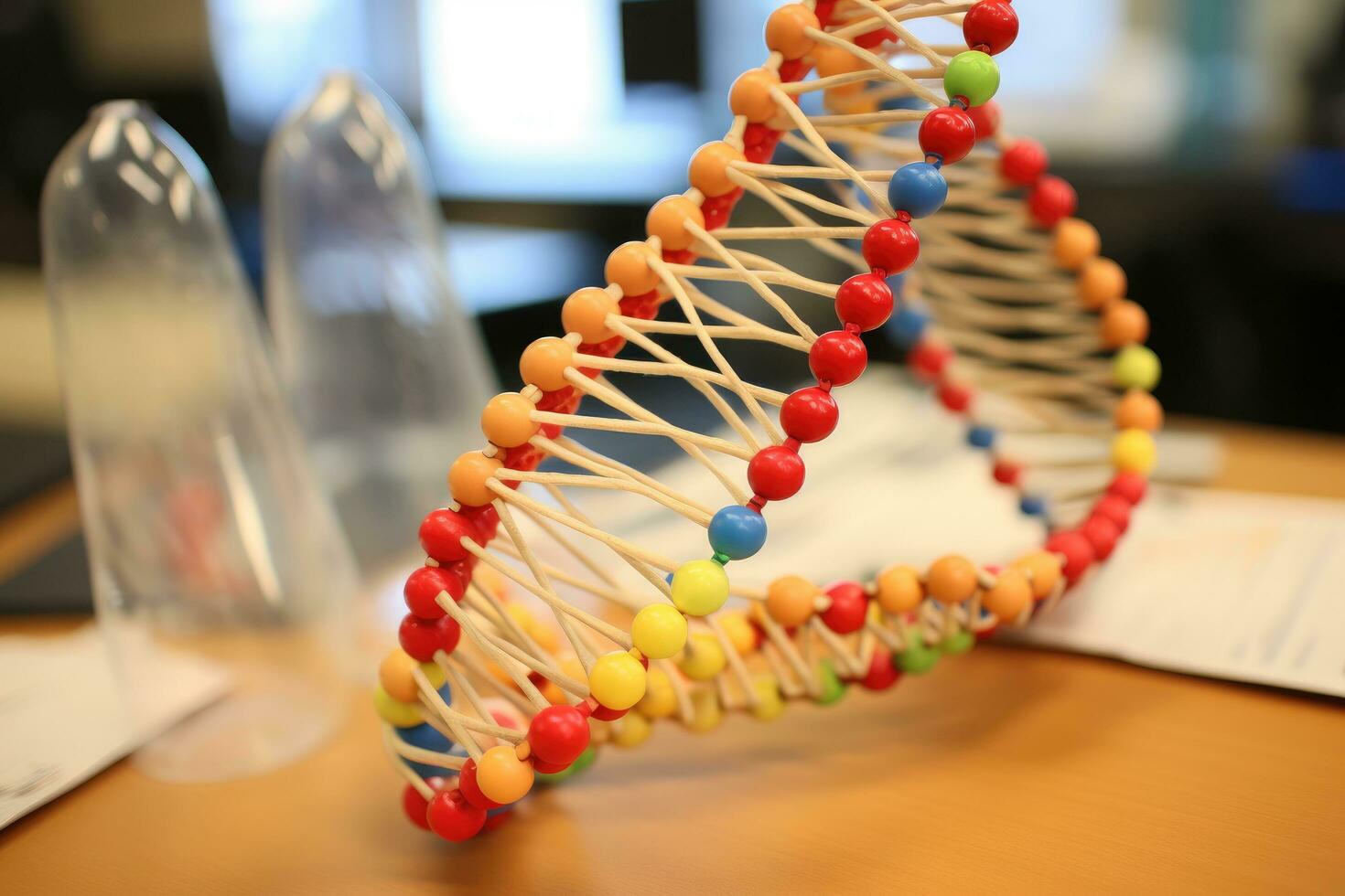 ai generiert DNA Modell- auf Tabelle im Labor. Biochemie und molekular Biologie Konzept, ein 3d Modell- von ein DNA Strand im Biologie Klasse, ai generiert foto