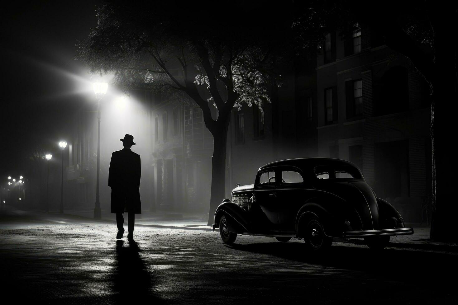 ai generiert retro Auto auf ein nebelig Straße beim Nacht. Silhouette von ein Mann im ein Regenjacke und Hut Stehen in der Nähe von ein alt Auto, 1940er Jahre Film noir Detektiv Szene, ai generiert foto